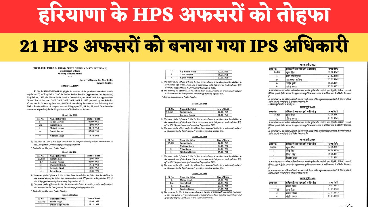 Haryana HPS Promotions: हरियाणा में 21 HPS अफसरों को मिला प्रमोशन का तोहफा, बनाए गए IPS, देखें पूरी लिस्ट