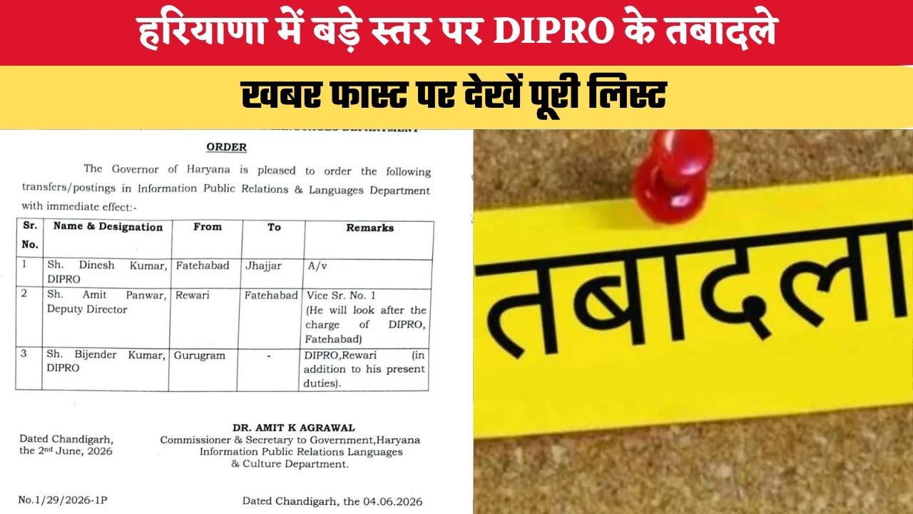 Haryana News : हरियाणा में बड़े स्तर पर DIPRO के तबादले, डिप्टी डायरेक्टर अमित पंवार को लगाया फतेहाबाद, देखें खबर फास्ट पर लिस्ट