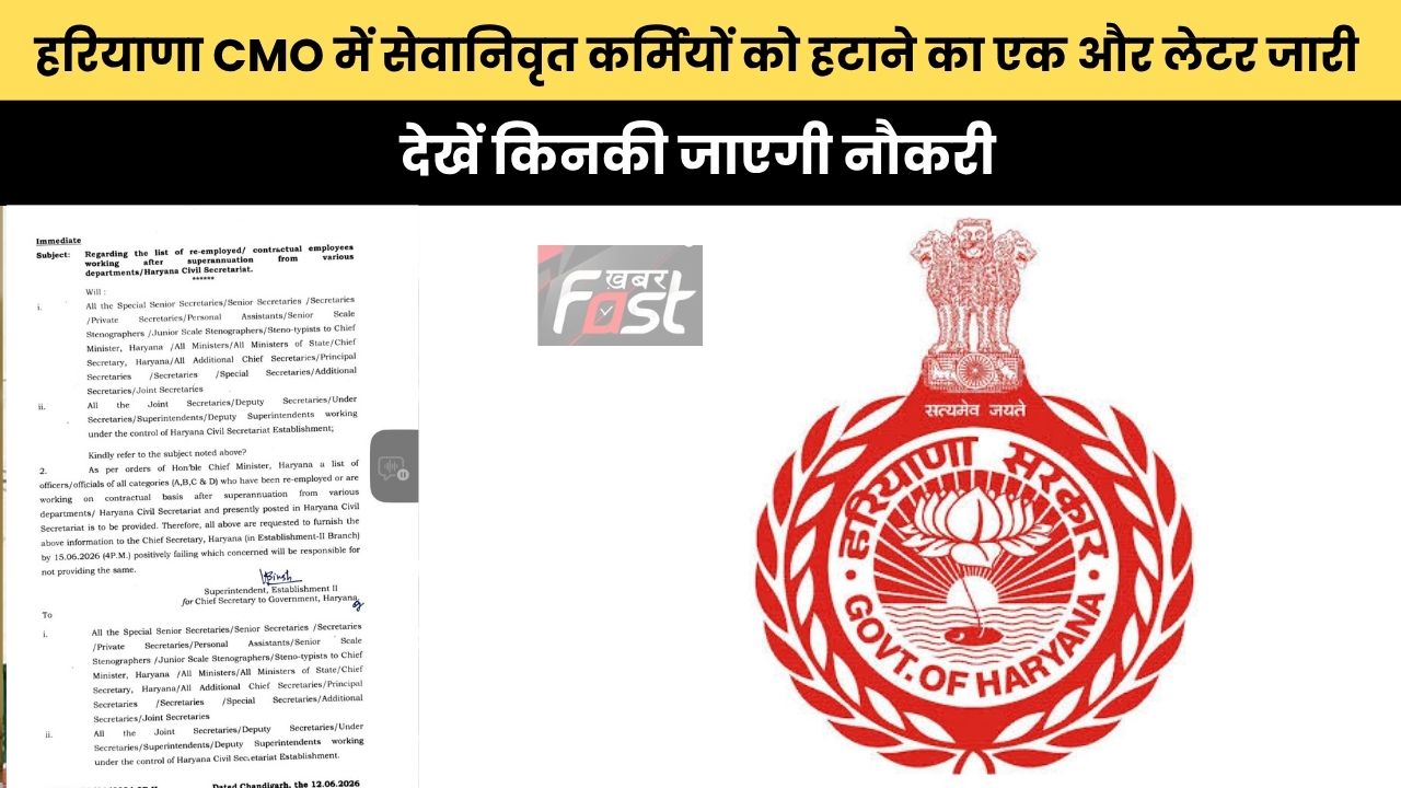 Haryana news : हरियाणा CMO में सेवानिवृत कर्मियों को हटाने का एक और लेटर जारी, देखें किनकी जाएगी नौकरी ?