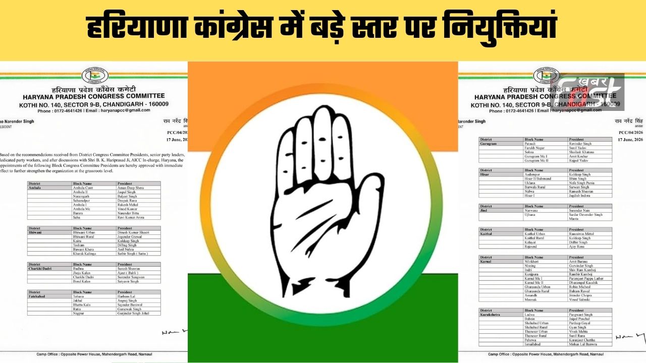 Haryana news : हरियाणा कांग्रेस में बड़े स्तर पर नियुक्तियां, ब्लॉक प्रधान नियुक्त, देखें पूरी लिस्ट