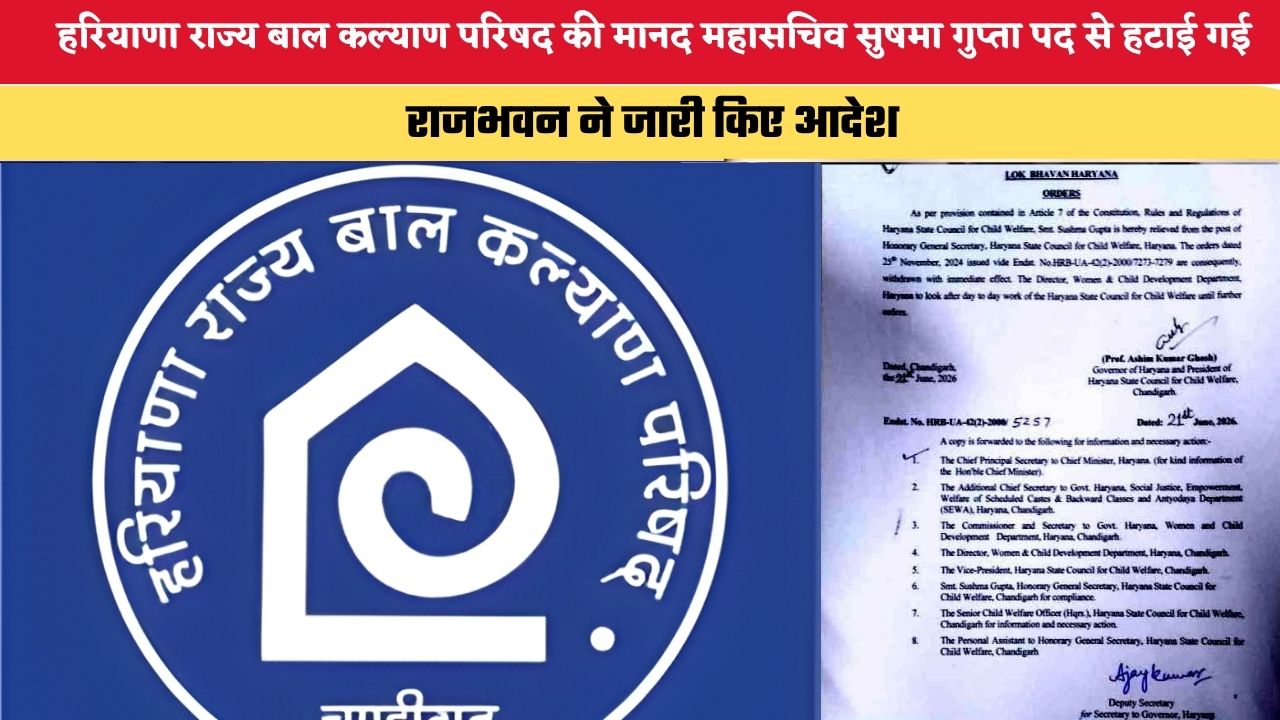 Haryana News: हरियाणा राज्य बाल कल्याण परिषद की मानद महासचिव सुषमा गुप्ता पद से हटाई गई, राजभवन ने जारी किए आदेश