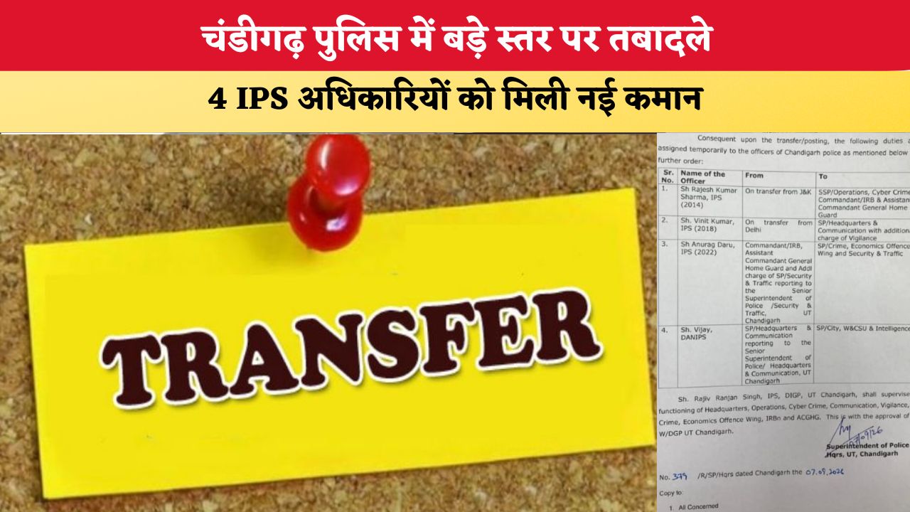 Chandigarh News: चंडीगढ़ पुलिस में बड़े स्तर पर तबादले, 4 IPS अधिकारियों को मिली नई कमान