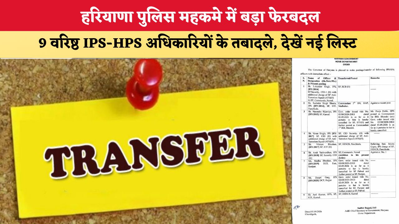 हरियाणा पुलिस महकमे में बड़ा फेरबदल, 9 वरिष्ठ IPS-HPS अधिकारियों के तबादले, देखें नई लिस्ट