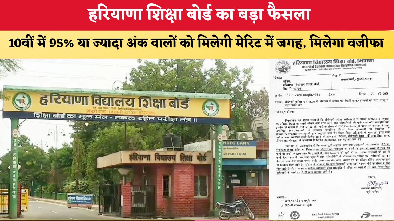 Haryana News: हरियाणा शिक्षा बोर्ड का बड़ा फैसला, 10वीं में 95% या ज्यादा अंक वालों को मिलेगी मेरिट में जगह, मिलेगा वजीफा