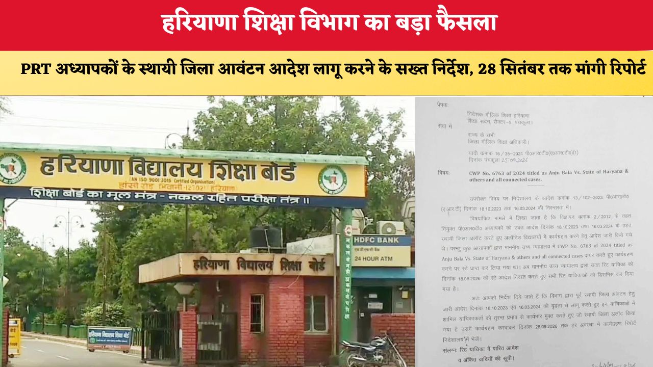 Haryana News: हरियाणा शिक्षा विभाग का बड़ा फैसला, PRT अध्यापकों के स्थायी जिला आवंटन आदेश लागू करने के सख्त निर्देश, 28 सितंबर तक मांगी रिपोर्ट