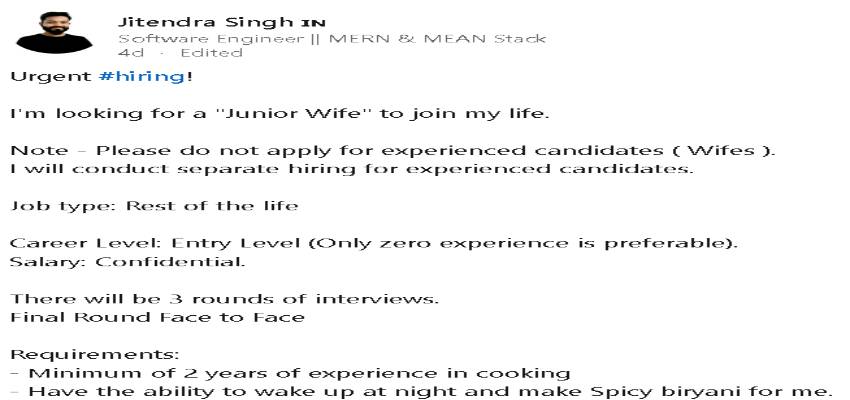 Hiring Junior Wife! शख्स के LinkedIn पोस्ट से मच गया बवाल, लोगों ने जताई आपत्ति