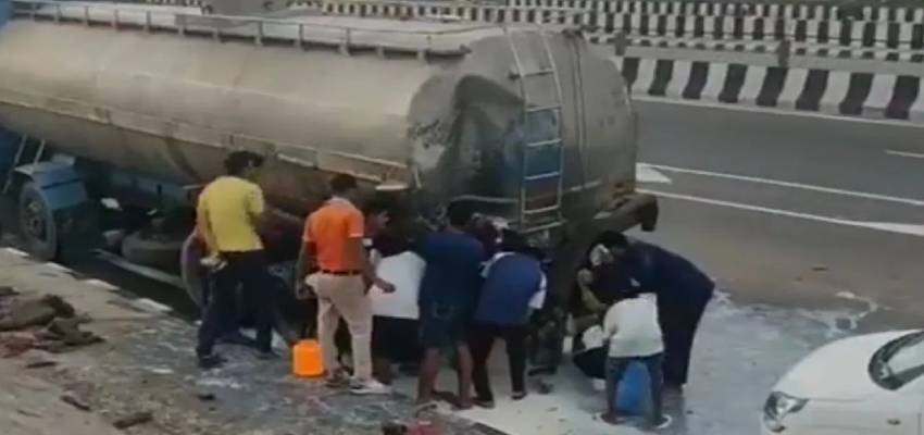 मेरठ एक्सप्रेस-वे पर टैंकर और ट्रक के बीच टक्कर में ड्राइवर की मौत, पड़ी रही लाश दूध लूटने में जुटे लोग